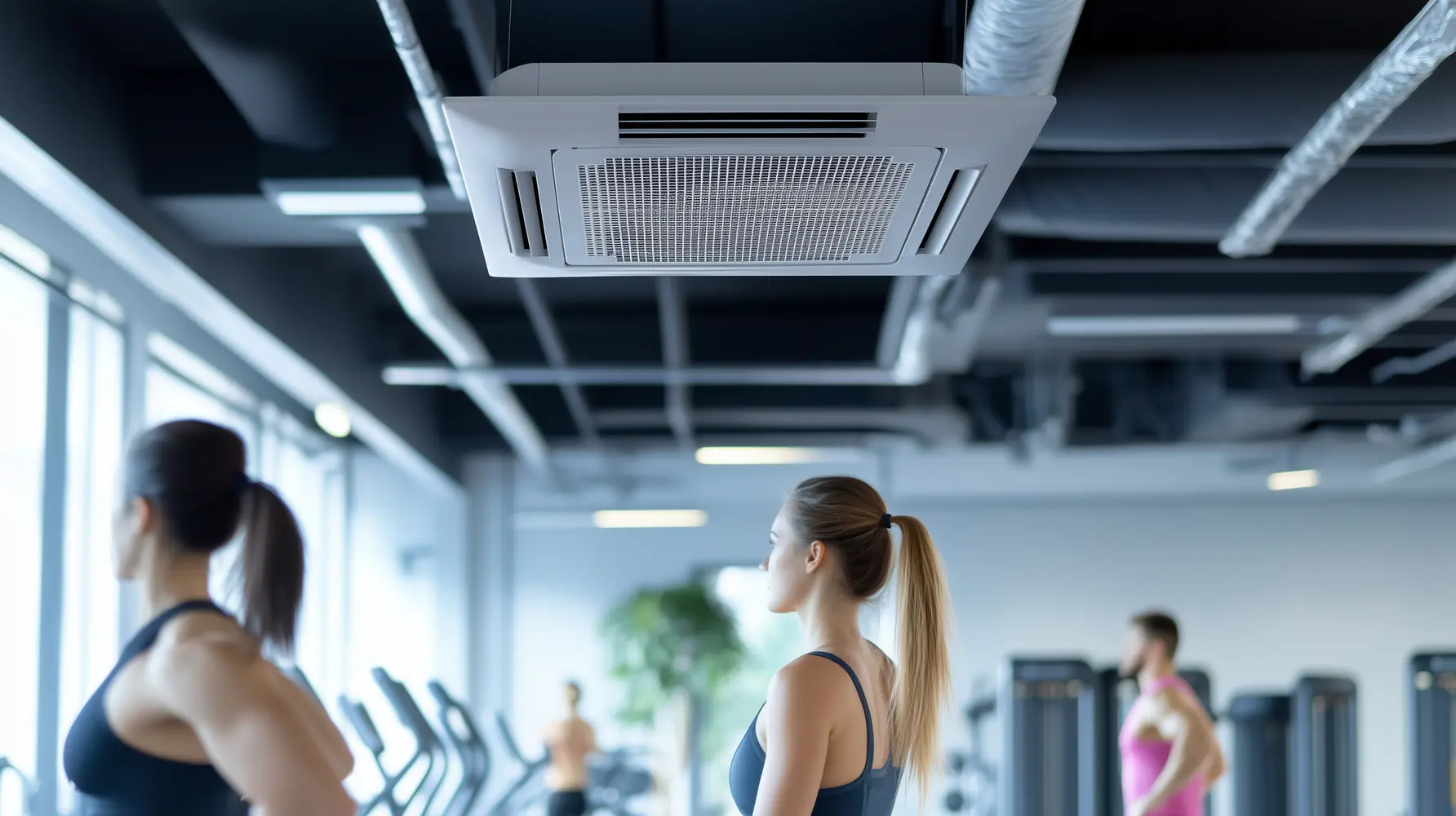 Zwei Frauen mit Zopf beobachten konzentriert das Fitnessstudio in sportlicher Kleidung