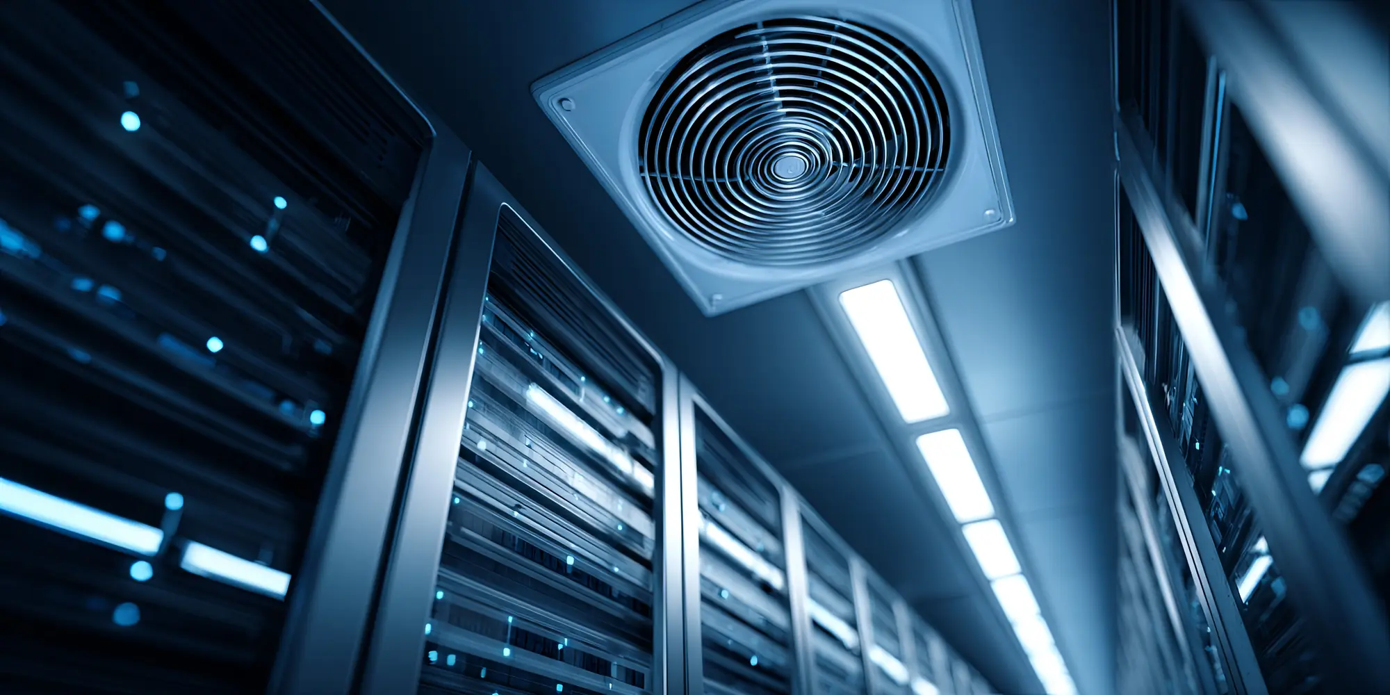 Sie sehen einen modernen Serverraum mit beleuchteten Regalen und einer Deckenlüftung