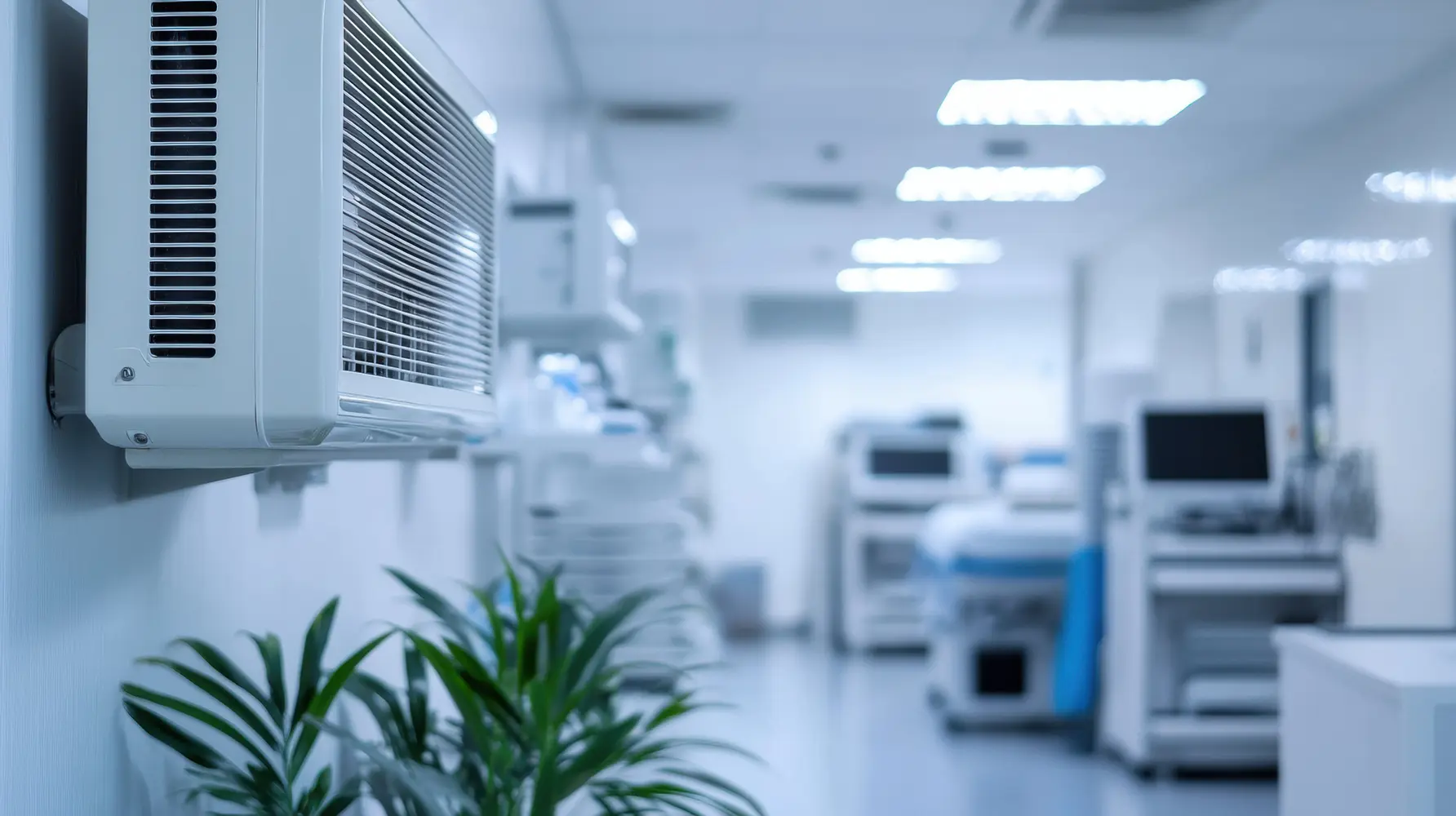 Eine weiße Klimaanlage hängt an der Wand in einem hell ausgeleuchteten Flur mit Pflanzen